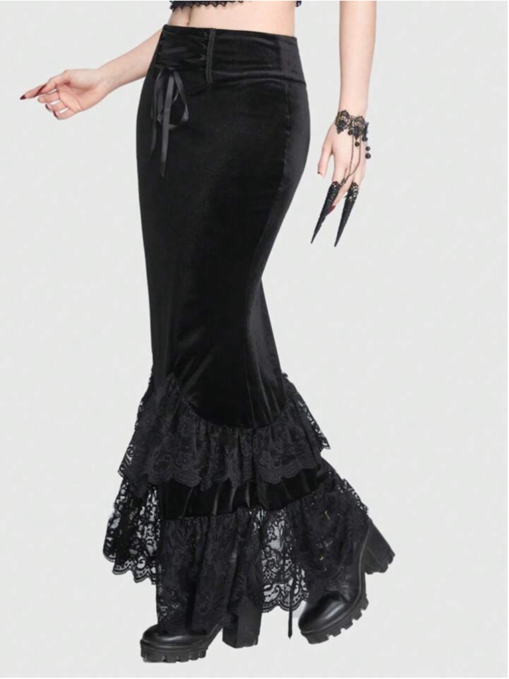 Women's Romwe Goth Lace Up Lace Contrast Mermaid Black Velvet Maxi Skirt Size L
